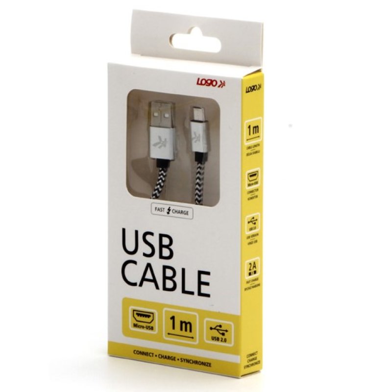 Kabel (2.0) USB-A samec - micro USB samec, 1m, nylonové opletení, stříbrný, LOGO | Repaspoint.cz